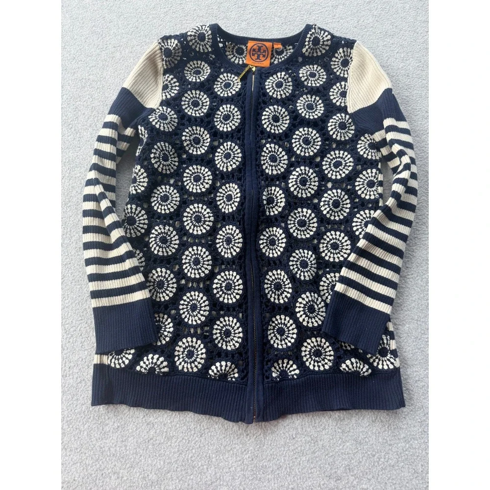 Tory Burch Navy Cream Crochet Medallion Striped Zip Front Cotton Cardigan S